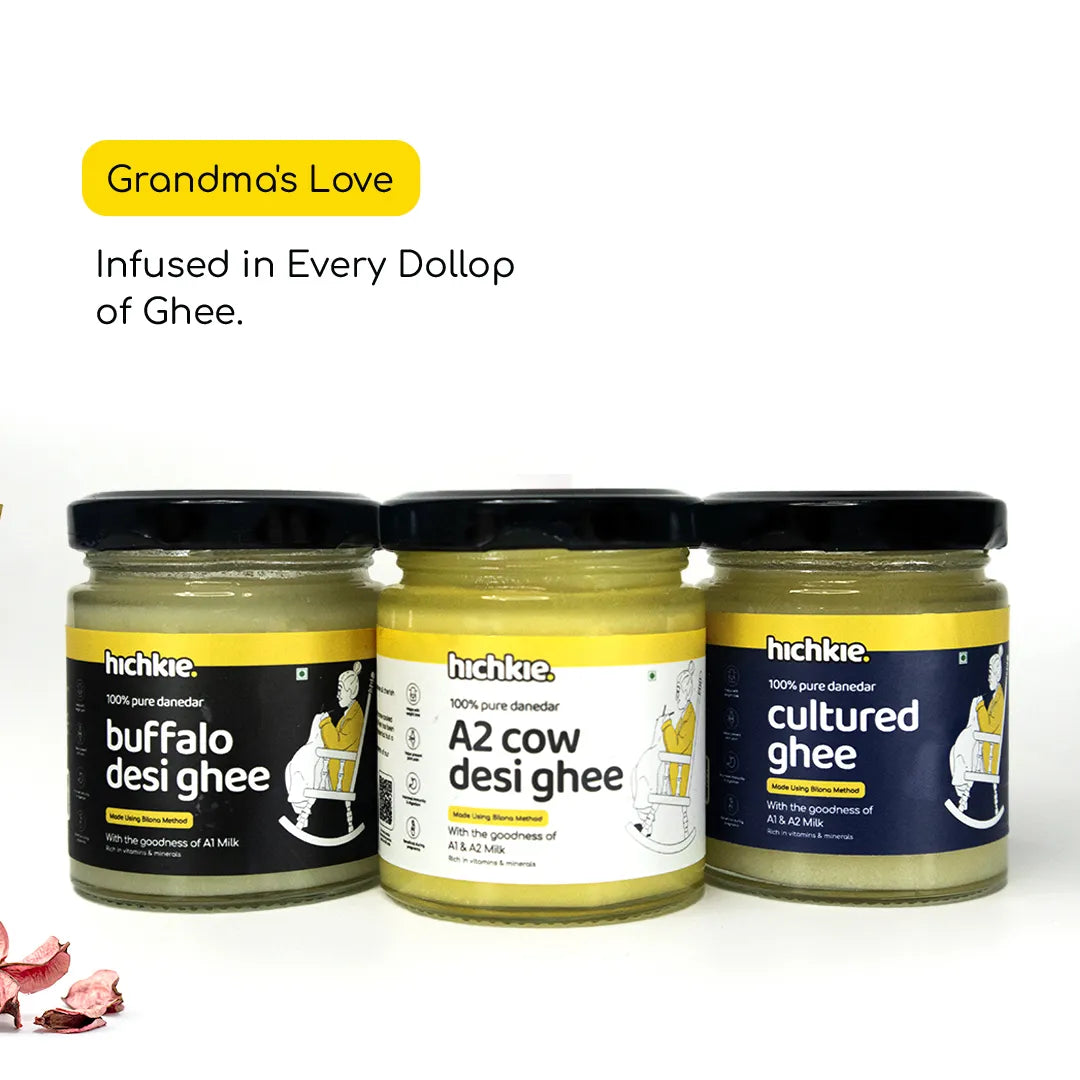 Pack of 3 | 100ml | A2 Cow Desi Ghee | Buffalo Ghee | Cultured Ghee | Bilona Method | Lab Tested.