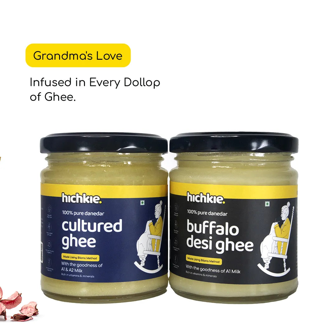 Hichkie ghee pack of two 180ml jars, buffalo and cultured