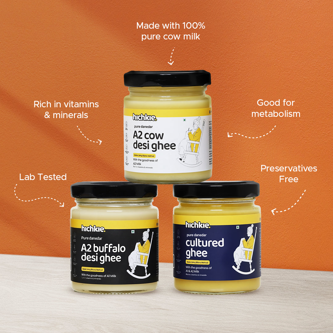Pack of 3 | 100ml | A2 Cow Desi Ghee | Buffalo Ghee | Cultured Ghee | Bilona Method | Lab Tested.