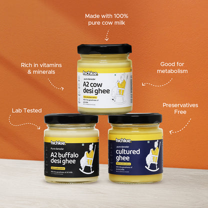 Pack of 3 | 100ml | A2 Cow Desi Ghee | Buffalo Ghee | Cultured Ghee | Bilona Method | Lab Tested.