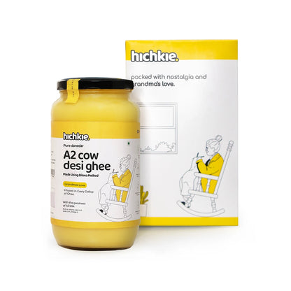 Hichkie A2 cow desi ghee 1 litre glass jar, bilona-churned