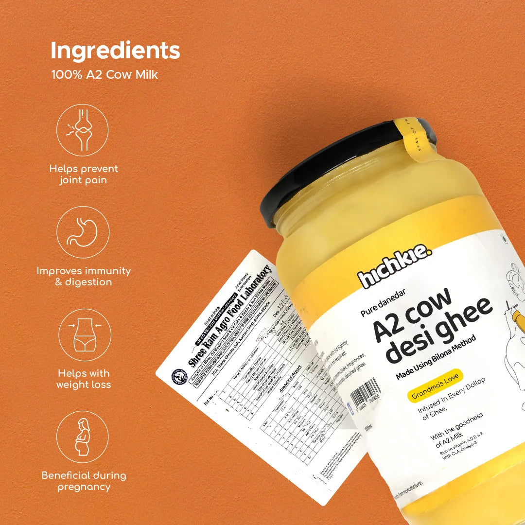 Hichkie A2 cow desi ghee 1 litre jar, bilona-churned