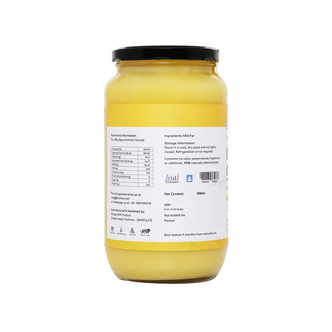 Hichkie A2 cow desi ghee 1 litre jar, bilona-churned