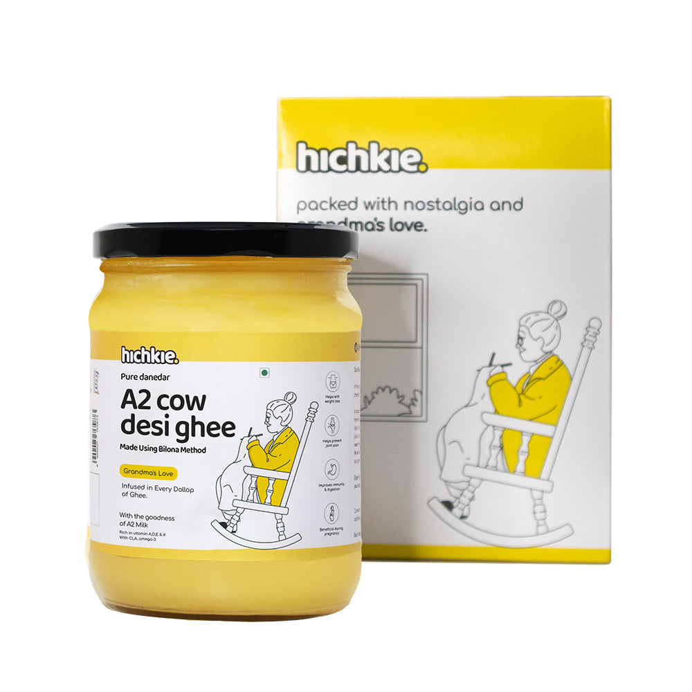 Hichkie A2 cow ghee 500ml glass jar, bilona-churned and lab-tested