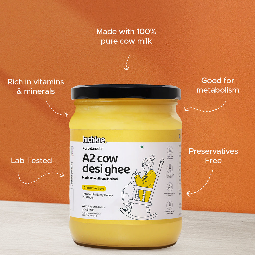 Hichkie A2 cow ghee 500ml jar, bilona-churned