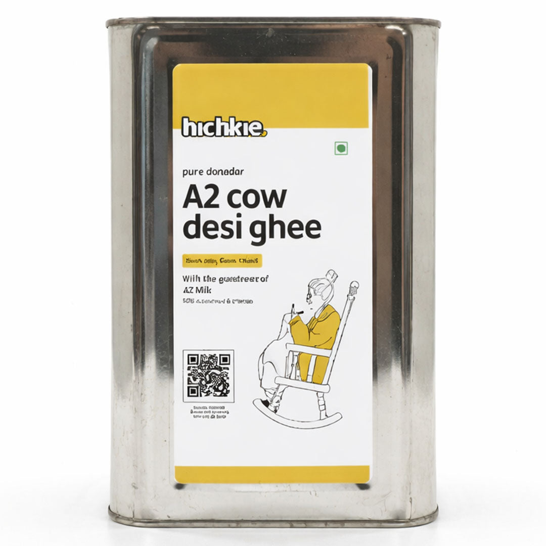 Hichkie A2 cow ghee 5 litre tin, bilona-churned and lab-tested