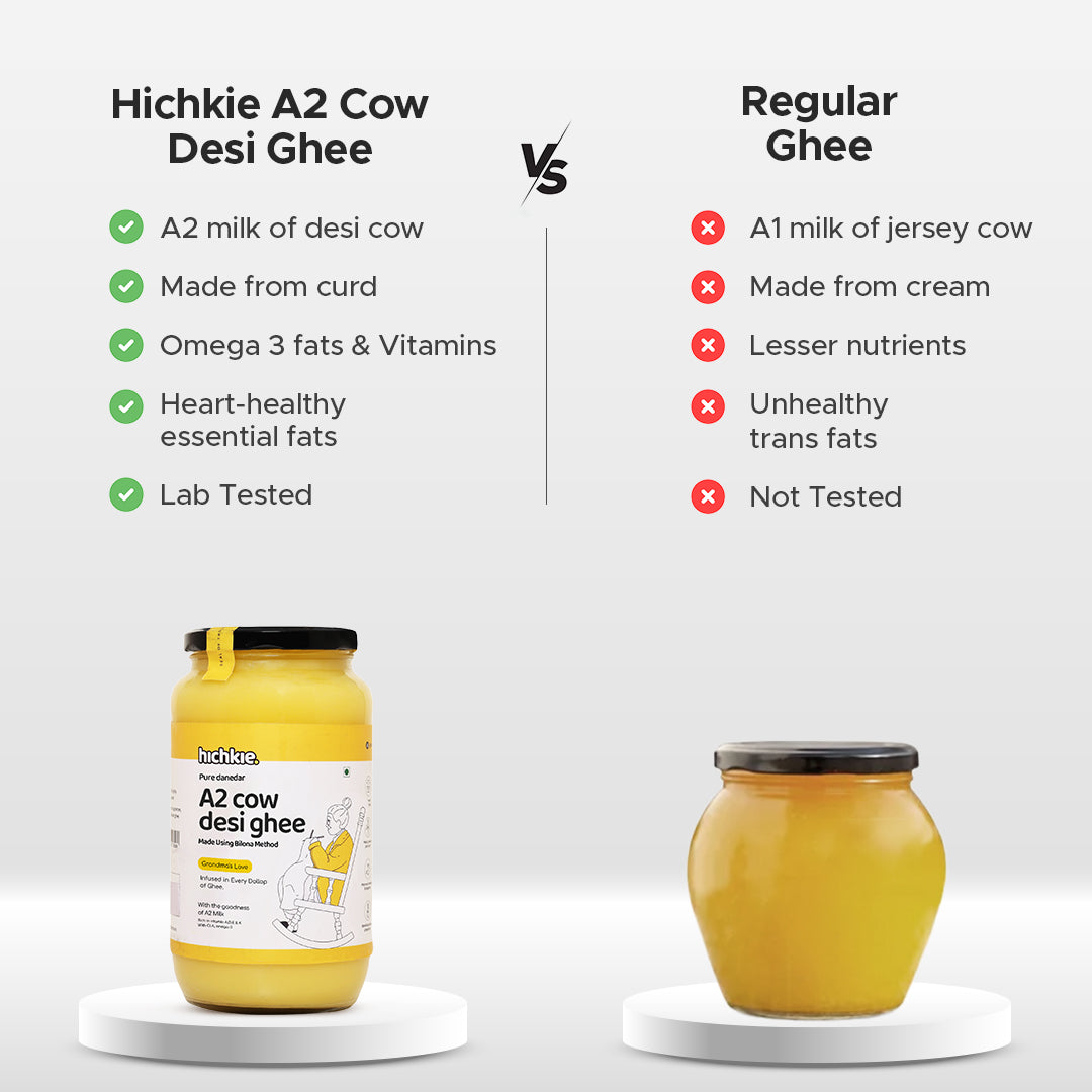 Hichkie A2 cow ghee, bilona-churned glass jars