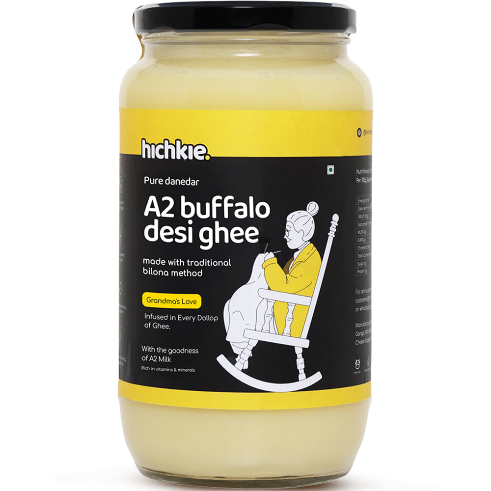 Hichkie buffalo desi ghee 1 litre glass jar, bilona-churned