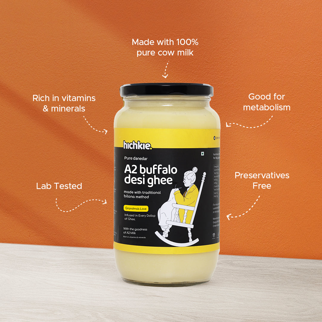 Hichkie buffalo desi ghee 1 litre jar, bilona-churned