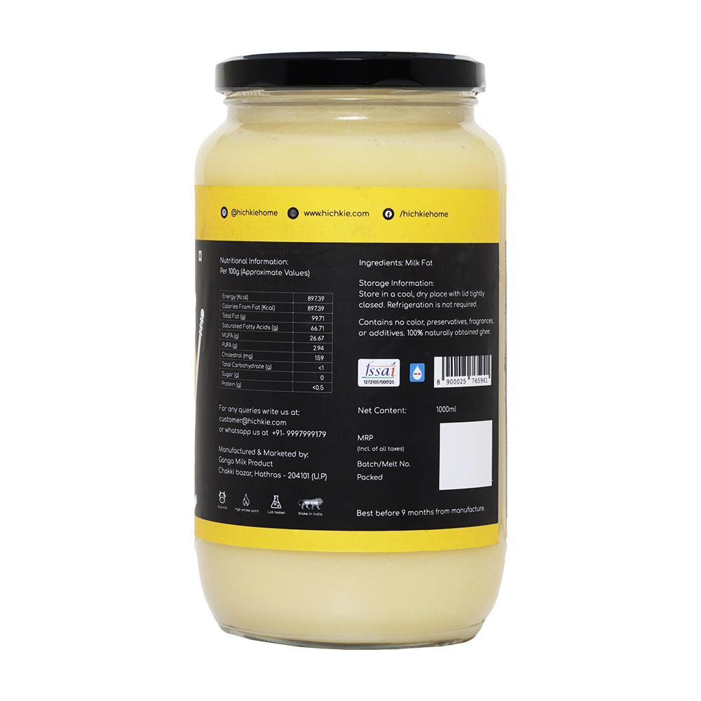 Hichkie buffalo desi ghee 1 litre jar, bilona-churned