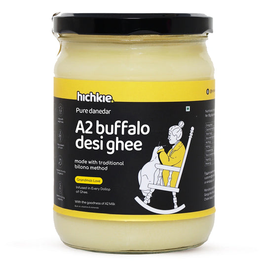 Hichkie buffalo desi ghee 500ml glass jar, bilona-churned