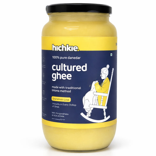 Hichkie cultured ghee 1 litre glass jar, cream-churned