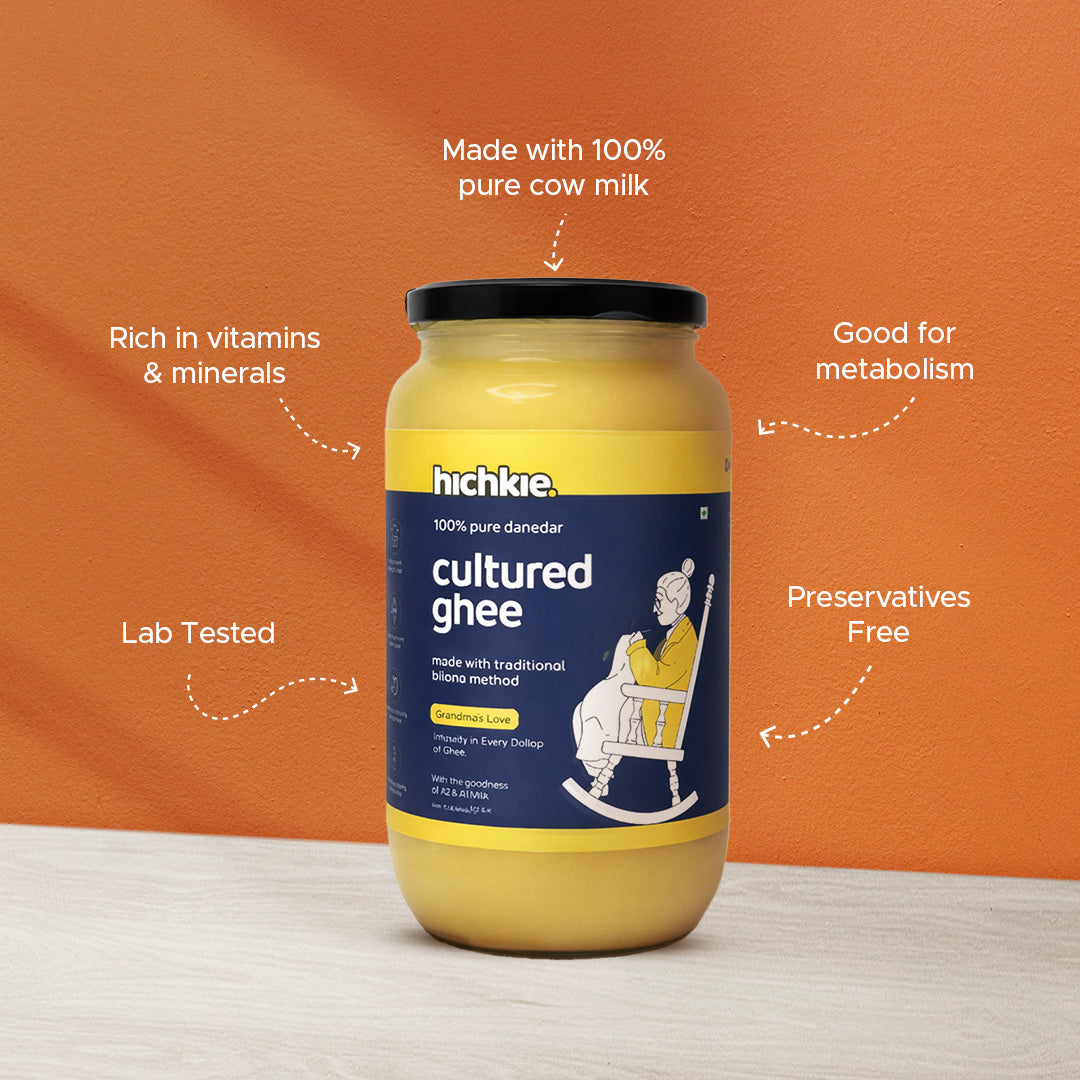 Hichkie cultured ghee 1 litre jar, cream-churned