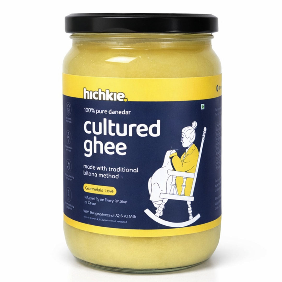 Hichkie cultured ghee 500ml glass jar, cream-churned