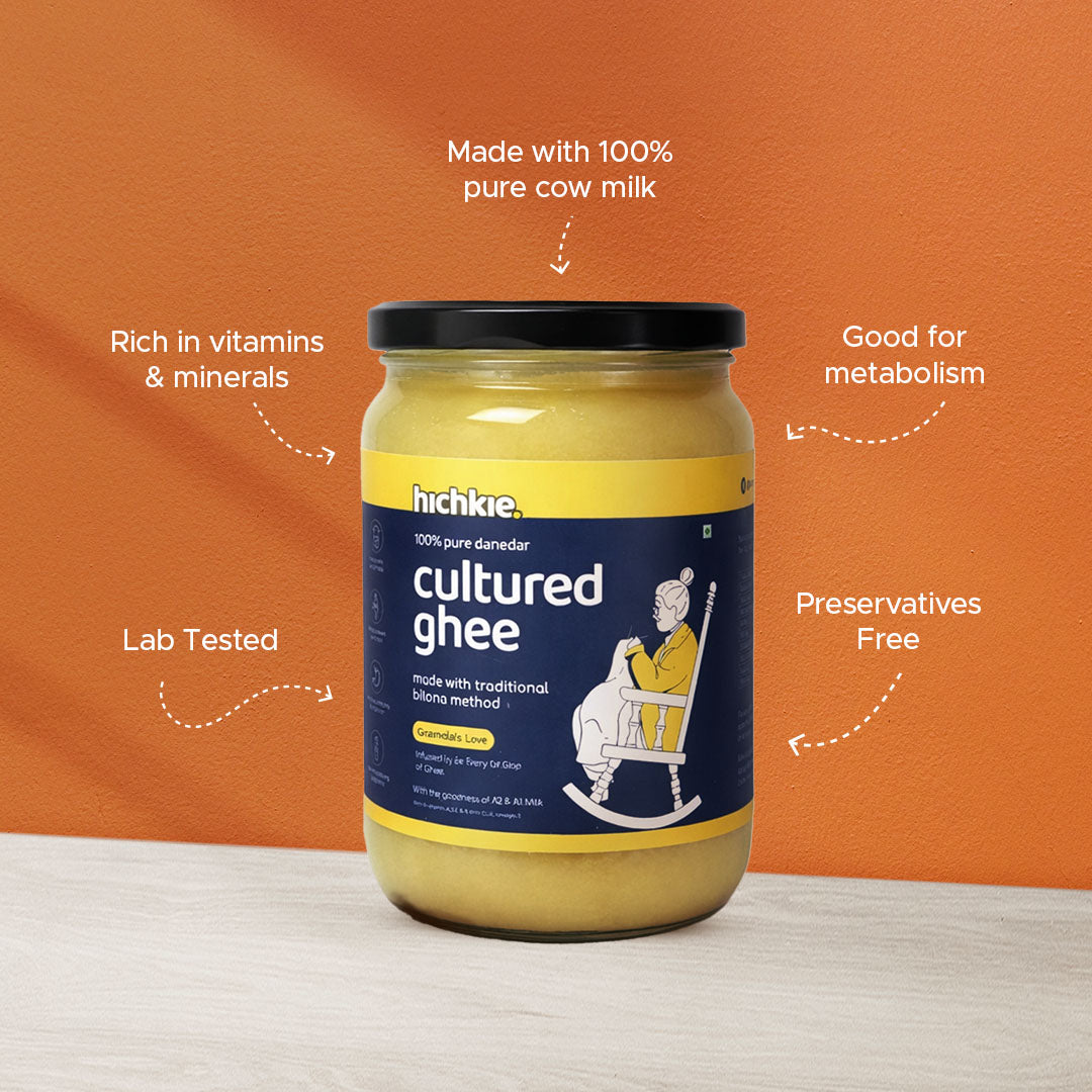 Hichkie cultured ghee 500ml jar, cream-churned