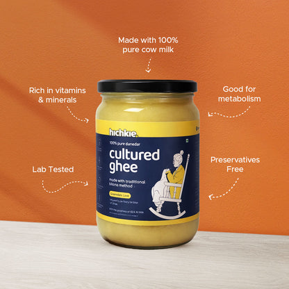 Hichkie cultured ghee 500ml jar, cream-churned