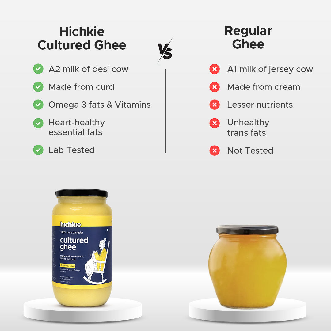 Hichkie cultured ghee 500ml jar, cream-churned