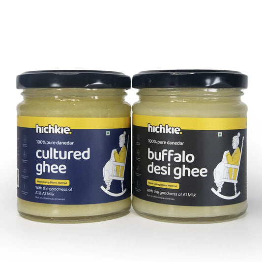 Hichkie ghee pack of two 180ml jars: buffalo and cultured