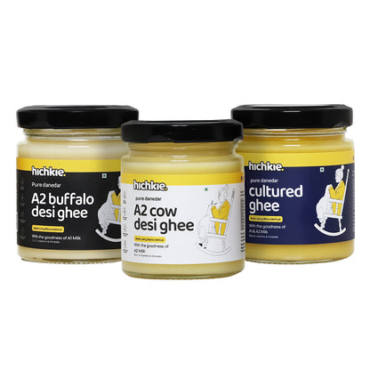 Hichkie ghee tester pack of three 100ml jars: A2 cow, buffalo and cultured