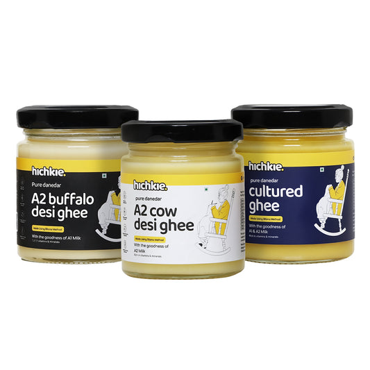 Hichkie ghee tester pack of three 100ml jars: A2 cow, buffalo and cultured